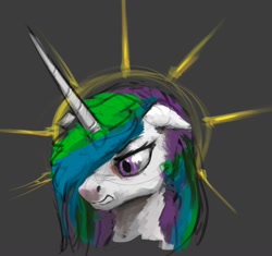 Size: 1456x1368 | Tagged: safe, artist:xxkrutoy, princess celestia, alicorn, pony, angry, bust, female, floppy ears, gray background, halo, portrait, simple background, sketch, solo