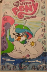 Size: 1024x1563 | Tagged: safe, artist:demise-the-art-demon, idw, princess celestia, alicorn, pony, cover, female, inner tube, mare, solo, traditional art, watermark