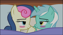 Size: 1023x575 | Tagged: safe, artist:tritebristle, bon bon, lyra heartstrings, sweetie drops, bed, bedroom eyes, blushing, female, lesbian, lyrabon, shipping