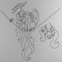 Size: 1280x1280 | Tagged: safe, artist:greyscaleart, fluttershy, princess celestia, alicorn, bird, pegasus, pony, behaving like a bird, concerned, ed edd n eddy, faic, majestic as fuck, missing cutie mark, monochrome, rolf, roosting, sillestia, silly, silly pony, sitting, telephone lines, traditional art, wat