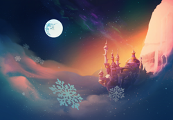 Size: 1768x1227 | Tagged: safe, artist:lummh, derpibooru import, canterlot, canterlot castle, cloud, mare in the moon, moon, night, no pony, scenery, scenery porn, sky, snow, snowflake, starry night, stars, wallpaper