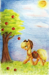 Size: 1082x1633 | Tagged: safe, artist:mufflinka, applejack, earth pony, pony, apple, apple tree, basket, food, solo, traditional art, tree