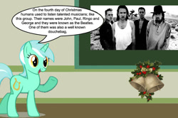 Size: 887x588 | Tagged: safe, lyra heartstrings, chalkboard, christmas, human studies101 with lyra, meme, photo, the beatles, u2