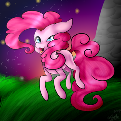 Size: 2200x2200 | Tagged: safe, artist:eclispeluna, pinkie pie, pony, derp, grass, high res, jumping, solo