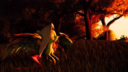 Size: 3840x2160 | Tagged: safe, artist:koni126, fluttershy, pegasus, pony, 3d, dawn, eyes closed, forest, grass, sitting, smiling, solo, source filmmaker, spread wings, sunrise