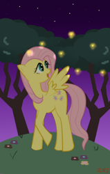 Size: 380x598 | Tagged: dead source, safe, artist:redeverose, fluttershy, firefly (insect), pegasus, pony, night, solo, tree