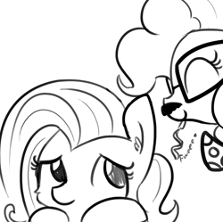 Size: 802x799 | Tagged: safe, artist:tjpones, fluttershy, pinkie pie, earth pony, pegasus, pony, cheering up, eyes closed, fake moustache, fweeee, glasses, grayscale, hat, monochrome, noisemaker, party hat, simple background, sketch, white background