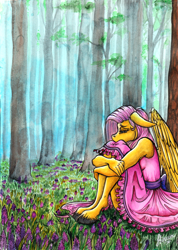 Size: 1742x2450 | Tagged: safe, artist:stirren, fluttershy, anthro, pegasus, unguligrade anthro, clothes, dress, forest, sad, sadness, sitting, solo, traditional art, tree, unshorn fetlocks