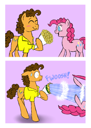 Size: 1452x2036 | Tagged: safe, artist:crazynutbob, cheese sandwich, pinkie pie, earth pony, pony, bouquet, cheesepie, flower, male, oops, shipping, straight, sweat, sweatdrop, water