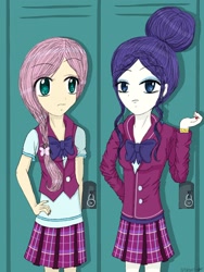 Size: 1536x2048 | Tagged: safe, artist:psshdjndofnsjdkan, fluttershy, rarity, equestria girls, clothes, crystal prep academy uniform, nail polish, school uniform