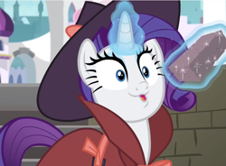 Size: 794x584 | Tagged: safe, screencap, rarity, pony, unicorn, sparkle's seven, brick, brick joke, cute, detective rarity, faic, glowing horn, hat, magic, raribetes, solo, telekinesis