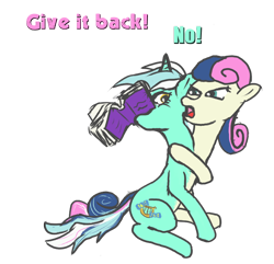 Size: 700x674 | Tagged: safe, artist:captain c., bon bon, lyra heartstrings, sweetie drops, earth pony, pony, unicorn, angry, book, conjoined, female, frown, glare, keep away, looking at something, mare, mouth hold, nom, open mouth, reaching, simple background, text, transparent background, wide eyes