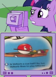 Size: 703x961 | Tagged: safe, derpibooru import, twilight sparkle, billiards, exploitable meme, meme, obligatory pony, pokémon, tv meme, voltorb, wat