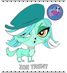 Size: 721x792 | Tagged: artist needed, source needed, safe, lyra heartstrings, dog, female, green coat, hat, littlest pet shop, looking at you, simple background, two toned hair, white background, zoe trent