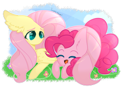 Size: 4900x3500 | Tagged: safe, artist:fake-insomnia, fluttershy, pinkie pie, earth pony, pegasus, pony, absurd resolution, eyes closed, female, flutterpie, lesbian, prone, shipping