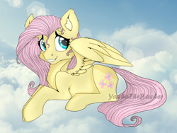 Size: 1400x1050 | Tagged: safe, artist:yashathebasher, fluttershy, pegasus, pony, cloud, prone, signature, solo