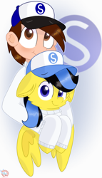 Size: 1063x1861 | Tagged: safe, artist:rainbow eevee, derpibooru import, oc, oc only, oc:mr.s, oc:ponyseb 2.0, human, pegasus, pony, blue eyes, brown eyes, clothes, cuddling, eyebrows, floppy ears, grin, hat, holding, holding a pony, hug, iphone, looking at you, male, multicolored hair, pegasus oc, simple background, smiling, smiling at you, snapback, spread wings, sweat, wallpaper, white background, wings