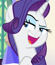 Size: 902x1079 | Tagged: safe, screencap, rarity, pony, unicorn, sparkle's seven, cropped, cute, dreamworks face, faic, female, grin, lidded eyes, mare, open mouth, raised eyebrow, raribetes, smiling, solo