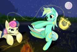 Size: 5197x3538 | Tagged: safe, artist:etiluos, bon bon, lyra heartstrings, sweetie drops, absurd resolution, campfire, camping, female, fire, food, lesbian, lyrabon, lyre, magic, mare in the moon, marshmallow, moon, music, music notes, night, shipping, telekinesis