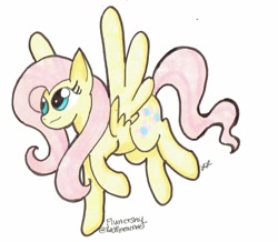 Size: 1024x893 | Tagged: safe, artist:redpalette, fluttershy, pegasus, pony, looking away, looking up, simple background, solo, spread wings, traditional art, white background