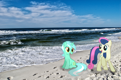 Size: 3008x2000 | Tagged: safe, artist:nattsu-san, bon bon, lyra heartstrings, sweetie drops, beach, ponies in real life, smiling, vector