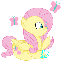 Size: 1000x1000 | Tagged: safe, artist:midnight-zpirit082, fluttershy, butterfly, pegasus, pony, cute, cutie mark background, folded wings, insect on nose, looking at something, profile, prone, raised hoof, shyabetes, simple background, solo, transparent background