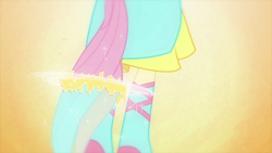 Size: 1920x1080 | Tagged: safe, screencap, fluttershy, equestria girls, equestria girls (movie), boots, fall formal outfits, high heel boots, ponied up, ponytail, solo, transformation