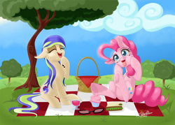 Size: 1000x717 | Tagged: safe, artist:unisoleil, pinkie pie, oc, oc:madeline, earth pony, pony, cupcake, female, food, funny face, glasses, mare, picnic, picnic blanket, silly, silly pony