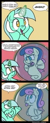 Size: 569x1401 | Tagged: safe, artist:epulson, artist:innuendo88, bon bon, lyra heartstrings, sweetie drops, sea pony, bon bon is not amused, comic, shoo be doo, spanish, translation