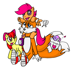 Size: 1228x1156 | Tagged: safe, artist:large-rarge, apple bloom, scootaloo, sweetie belle, crossover, cutie mark crusaders, heart, juice box, miles "tails" prower, question mark, sonic the hedgehog (series)