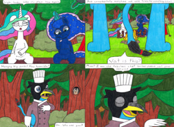Size: 4319x3154 | Tagged: safe, artist:eternaljonathan, princess celestia, princess luna, oc, oc:nemo, alicorn, griffon, owl, pony, comic:first three back, campfire, camping, chef, clothes, comic, disguise, egg, female, fire, flashback, forest, frying pan, gloves, growling, guardian, hungry, levitation, log, magic, mare, nest, open mouth, pencil drawing, sitting, stomach, stomach growl, stomach noise, telekinesis, tent, this will end in weight gain, traditional art