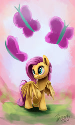 Size: 1078x1792 | Tagged: safe, artist:insanerobocat, fluttershy, butterfly, pegasus, pony, cute, cutie mark, head turn, raised hoof, shyabetes, signature, smiling, solo