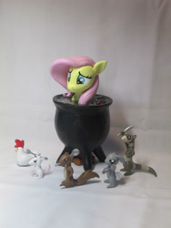 Size: 1000x1333 | Tagged: safe, artist:earthenpony, fluttershy, chicken, ferret, mouse, pegasus, pony, rabbit, squirrel, magical mystery cure, cauldron, craft, fork, knife, photo, pony as food, scene interpretation, sculpture, spoon, traditional art