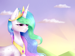 Size: 2591x1925 | Tagged: safe, artist:luulyh, princess celestia, alicorn, pony, bust, cloud, female, mare, portrait, scenery, signature, sky, smiling, solo, stars, sunrise