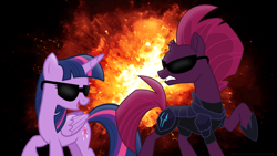 Size: 3840x2160 | Tagged: safe, artist:ejlightning007arts, derpibooru import, tempest shadow, twilight sparkle, twilight sparkle (alicorn), alicorn, unicorn, armor, badass, broken horn, cool guys don't look at explosions, explosion, female, horn, lesbian, mare, open mouth, raised hoof, shipping, sunglasses, tempestlight, together, wallpaper