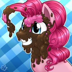 Size: 600x600 | Tagged: safe, artist:nothingspecialx9, pinkie pie, earth pony, pony, bust, chocolate, food, misleading thumbnail, not scat, portrait, smiling, solo