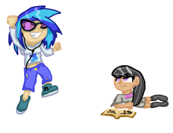 Size: 1648x1266 | Tagged: safe, artist:xospades, dj pon-3, octavia melody, vinyl scratch, book, earbuds, humanized, jumping, smiling