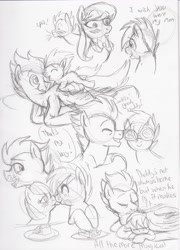 Size: 2368x3296 | Tagged: safe, artist:enigmaticfrustration, octavia melody, shady daze, soarin', oc, oc:ruby, earth pony, pony, goggles, licking, offspring, parent:octavia melody, parent:soarin', parents:soartavia, pencil drawing, pie, shipping, sketch, sleeping, soartavia, speech bubble, story of the blanks, that pony sure does love pies, traditional art