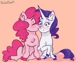 Size: 1024x853 | Tagged: safe, artist:lxxjunebugxxl, pinkie pie, rarity, classical unicorn, earth pony, pony, unicorn, blushing, cloven hooves, female, leonine tail, lesbian, nuzzling, raripie, shipping, simple background, sitting, unshorn fetlocks