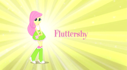 Size: 1323x729 | Tagged: safe, fluttershy, equestria girls, boots, clothes, cute, hands together, high heel boots, looking at you, music video, raised leg, simple background, skirt, socks, solo, yellow background