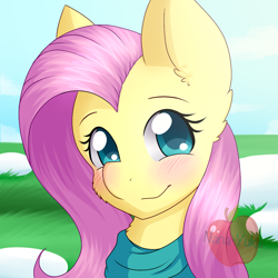 Size: 944x944 | Tagged: safe, artist:nana-yuka, fluttershy, pegasus, pony, blushing, bust, clothes, cute, female, looking at you, mare, portrait, scarf, shyabetes, smiling, snow, solo