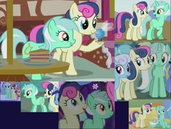 Size: 560x423 | Tagged: safe, screencap, bon bon, lyra heartstrings, sweetie drops, parasprite, collage, compilation, ponies standing next to each other