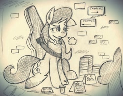 Size: 1280x1005 | Tagged: safe, artist:wirelesspony, octavia melody, earth pony, pony, breath, cd, cello, cup, monochrome, musical instrument, sad, sign, street performer