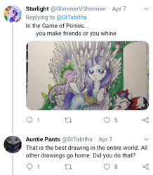 Size: 720x826 | Tagged: safe, artist:catscratchpaper, rarity, spike, sweetie belle, dragon, clothes, cosplay, costume, daenerys targaryen, dragon costume, game of thrones, harsher in hindsight, meta, petting, tabitha st. germain, twitter