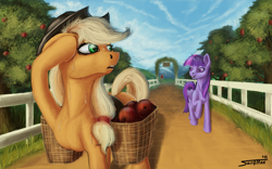 Size: 1600x1000 | Tagged: safe, artist:sa1ntmax, applejack, twilight sparkle, twilight sparkle (alicorn), alicorn, earth pony, pony, apple, basket, female, food, looking back, mare, raised hoof, sweat, sweet apple acres