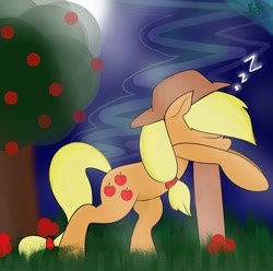 Size: 1024x1016 | Tagged: safe, artist:rainbows-in-reality, applejack, earth pony, pony, apple tree, bipedal, bipedal leaning, eyes closed, fence, night, sleeping, solo, zzz