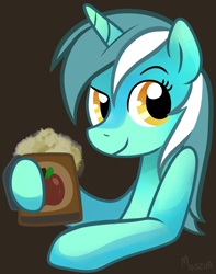 Size: 1850x2347 | Tagged: safe, artist:moozua, lyra heartstrings, pony, unicorn, brown background, cider, cup, mug, simple background, smiling, solo