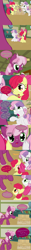 Size: 660x5278 | Tagged: safe, artist:frist44, apple bloom, cheerilee, scootaloo, sweetie belle, blocks, cheerilee-s-chalkboard, comic, cutie mark crusaders, descriptive noise, fluffy, hiding, jenga, lying, meme, scootacurse, sigh, speech bubble