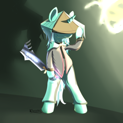 Size: 800x800 | Tagged: safe, artist:cheshiresdesires, lyra heartstrings, pony, unicorn, badass, bipedal, clothes, crossover, dust (character), dust: an elysian tail, hat, hidden eyes, parody, sword, weapon