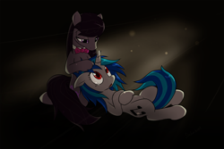 Size: 3074x2048 | Tagged: safe, artist:slackerburst, dj pon-3, octavia melody, vinyl scratch, earth pony, pony, comforting, dark, female, lesbian, red eyes, scratchtavia, shipping